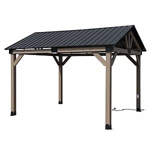 Aoodor cedar wood frame gazebo measuring 10' x 12' with galvanized metal hardtop roof and integrated charging socket.