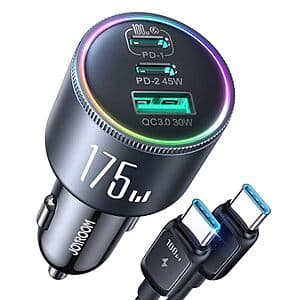 Joyroom 175W GaN car charger with three USB ports (black finish) alongside a 4ft coiled USB-C cable.