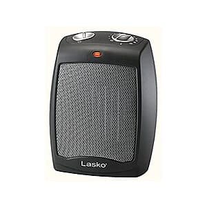 Lasko CD09250 ceramic adjustable thermostat heater in black, 9 inches high, designed for tabletop or under-desk use.