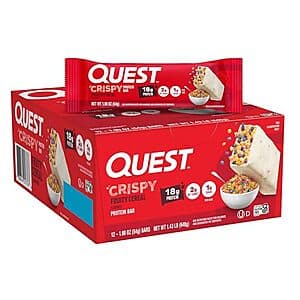 12-pack box of Quest Nutrition Crispy Protein Bars in Fruity Cereal flavour with product packaging visible.