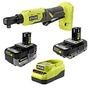 RYOBI ONE+ 18V cordless 3/8" ratchet kit with two batteries (2.0 Ah and 4.0 Ah) and black charger unit.