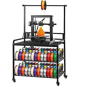 Carbon steel 3-tier mobile cart with swivel wheels, powder-coated finish, designed to hold 3D printer spools and materials.