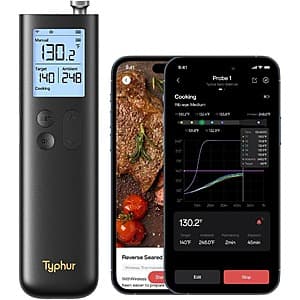 Typhur SYNC Gold Lite wireless meat thermometer with digital display and probe.