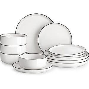 Prime Members: 12-Pc Malacasa Porcelain Dinnerware Set (Ivory White-Black Rim) $31 + Free S&H