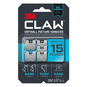 5-Pack 3M CLAW Drywall Picture Hanger w/ Temporary Spot Marker (Up to 15 Lbs) $6