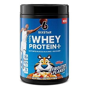 1.81-lb container of Six Star 100% Whey Protein Plus Powder in Kelloggs Frosted Flakes flavor with product branding and nutritional information displayed on the label.