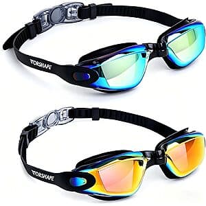 2-pack of Vorshape adult swim goggles in aqua and orange colors with adjustable straps and anti-fog lenses.