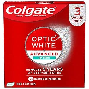 Three tubes of Colgate Optic White Advanced Whitening Toothpaste in white and blue packaging, 3.2oz each.