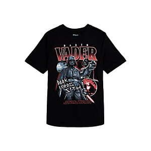 Boys' short-sleeved graphic tee featuring a Darth Vader design from Star Wars, available in sizes 4–18.