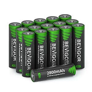 BEVIGOR 16-pack AA rechargeable batteries with 2800 mAh capacity, 1.2V Ni-MH chemistry in product packaging.