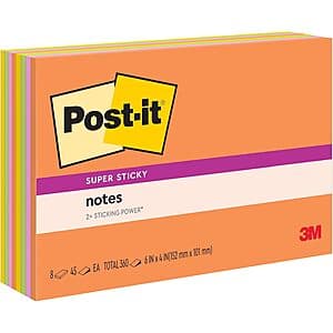 Eight pads of Post-it Super Sticky Notes in 6 x 4 inch size with vibrant neon colored sheets stacked together.