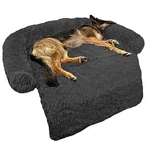 Large fluffy plush dog bed mat in dark grey with removable cover, 45x37x6 inches.
