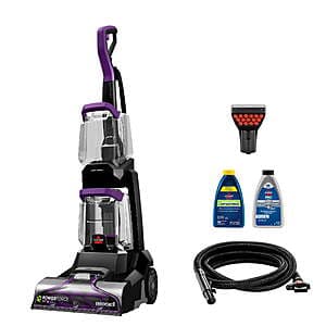 Black BISSELL PowerForce Pet XL upright deep cleaner with large clean tank and 3-inch Tough Stain Tool attachment.