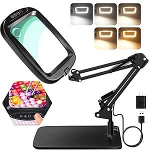 Black HQGZQL 7-inch LED magnifying glass lamp with 10X/30X magnification, flexible swing arm, and dimmable light.