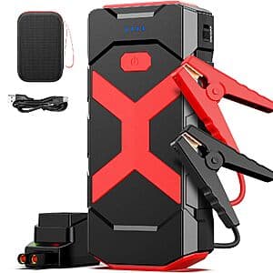Compact black and yellow BOOKOO 12V car battery jump starter with 20000mAh capacity and jumper cable ports.
