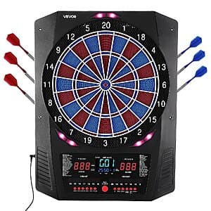 VEVOR electronic dartboard with 13.5-inch illuminated target display, black frame, includes 6 dart shafts with red and black flights and 50 soft tips.