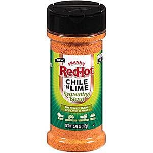 5.43-ounce bottle of Frank's RedHot Gluten Free Seasoning Blend in Chile 'N Lime flavor with red and gold label.