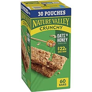 30-pack of Nature Valley Crunchy Granola Bars in Oats 'n Honey flavor with tan and brown packaging.