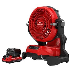 Red Craftsman V20 cordless misting fan with 7.5-inch head, includes 1.5Ah battery and charger.