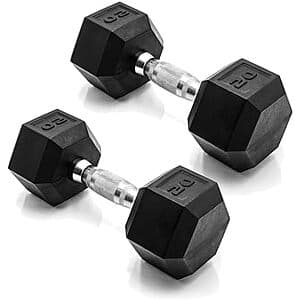 Pair of black CAP Barbell coated dumbbell weights, 20 lbs each, with hexagonal shape and rubber coating.
