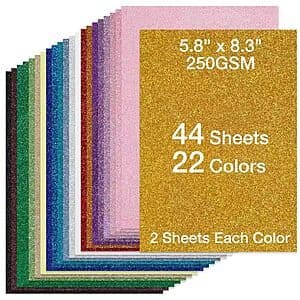 TORC 44-sheet A5 glitter cardstock paper pack in 22 assorted colors, 250gsm weight suitable for crafting.