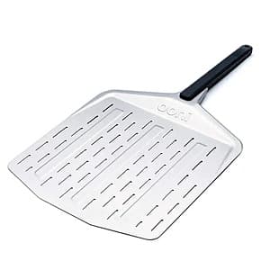 Silver 14-inch perforated pizza peel with hard anodized finish and hyper-smooth surface for launching and retrieving pizzas.