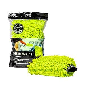 Bright lime green chenille microfiber wash mitt with soft texture for car washing.
