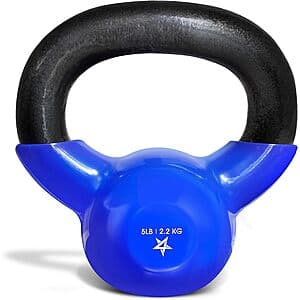 Dark blue vinyl-coated cast iron 5lb kettlebell with reinforced handle and compact rounded shape.