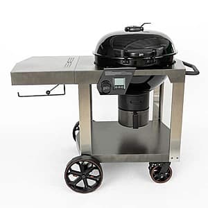 Black 22.5-inch LOCO SmartTemp Kettle Charcoal Grill with attached wheeled cart for transport and storage.