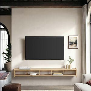 Walker Edison Floating Minimalist TV Stand in coastal oak finish, wall-mounted floating design.