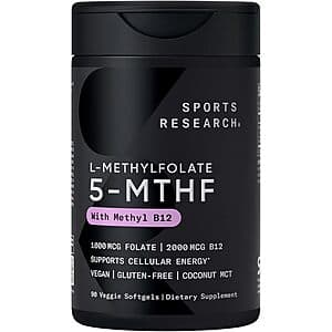 90-Ct Sports Research Methyl Folate 1000mcg + Methyl B12 2000mcg Vegan Softgels $10.30 w/ S&S
