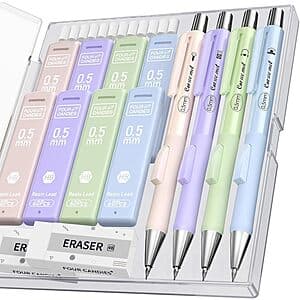 Four Candies 4-count mechanical pencil set in 0.5mm or 0.7mm with packaging showing included 480 HB lead refills, 2 erasers, and 12 eraser refills.