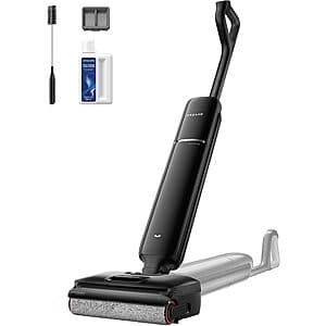 DREAME Aero cordless wet/dry vacuum and mop with 180-degree lie-flat design and self-cleaning feature in white and black finish.