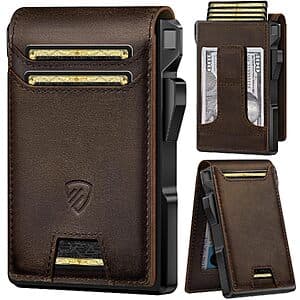 RUNBOX genuine full-grain leather bifold wallet in brown or black with aluminum pop-up card holder and RFID-blocking case.
