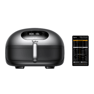 Typhur Dome 2 Air Fryer with 5.6-quart capacity featuring a dome-shaped black housing with dual heating elements and included white Preset Guide Magnet.