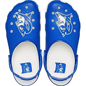 Blue and white Crocs Adult Duke University Classic Clogs with ventilation holes and Duke branding.