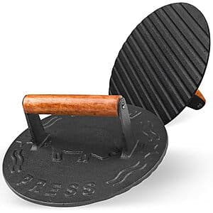 7-inch cast iron burger press with a wood handle, featuring heavy-duty construction for flattening hamburger patties.