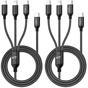 2-Pk 4' Jogrytece 3-in-1 USB-C/Micro USB/Lightning Nylon Braided Multi Charging Cable $4.50