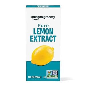 1-ounce bottle of Amazon Grocery Pure Lemon Extract with clear liquid inside and white label.