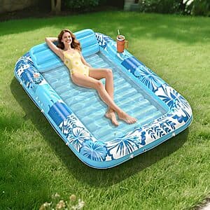 Blue POOLACC inflatable pool lounger float measuring 85 by 57 inches with attached pillow and reinforced seams.