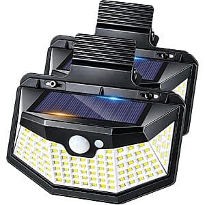 Two clip-on solar motion sensor outdoor lights with black finish and adjustable positioning mechanism.