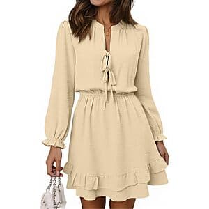 Angashion women's V-neck long sleeve tie front mini dress with pockets in various colors.