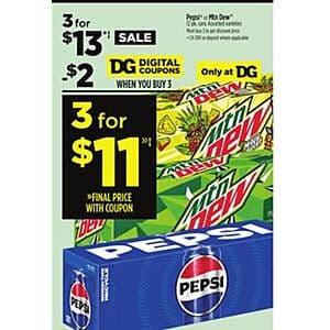 Dollar General: 12-Pack of 12-Oz Pepsi, Mountain Dew (Various) & More 3 for $11 (In-Store Only)
