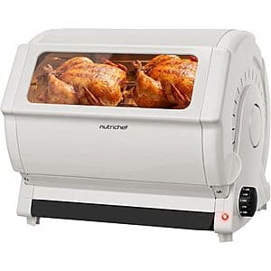 White NutriChef horizontal rotating shawarma rotisserie and kebab oven with 22.4-quart capacity and timer controls.