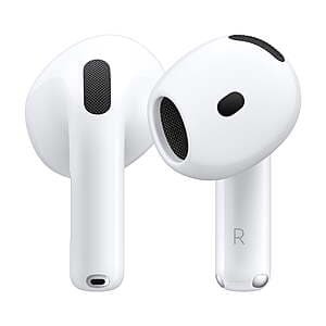 Apple AirPods 4 wireless earbuds in white with charging case.
