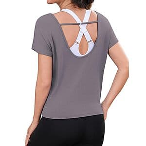 Totatuit women's open back short sleeve workout crop top in cotton-rich blend, displayed in various color options.