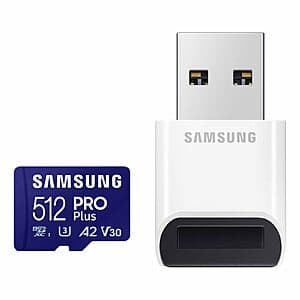 Samsung PRO Plus UHS-I microSDXC Memory Card w/ USB Card Reader: 256GB $20, 512GB $30