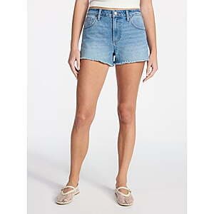 Women's medium-wash mid-rise denim shorts with classic five-pocket styling.