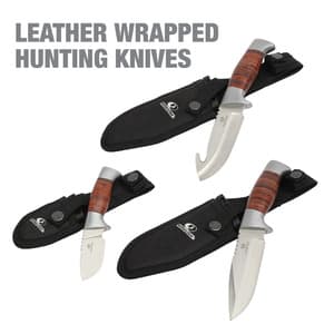 3-Pack Mossy Oak Leather Wrapped Stainless Steel Hunting Knives w/ Sheaths $10.10