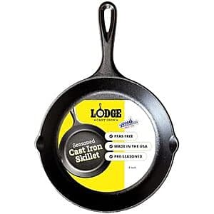 Black Lodge pre-seasoned 8-inch cast-iron skillet with handle, ready for cooking.